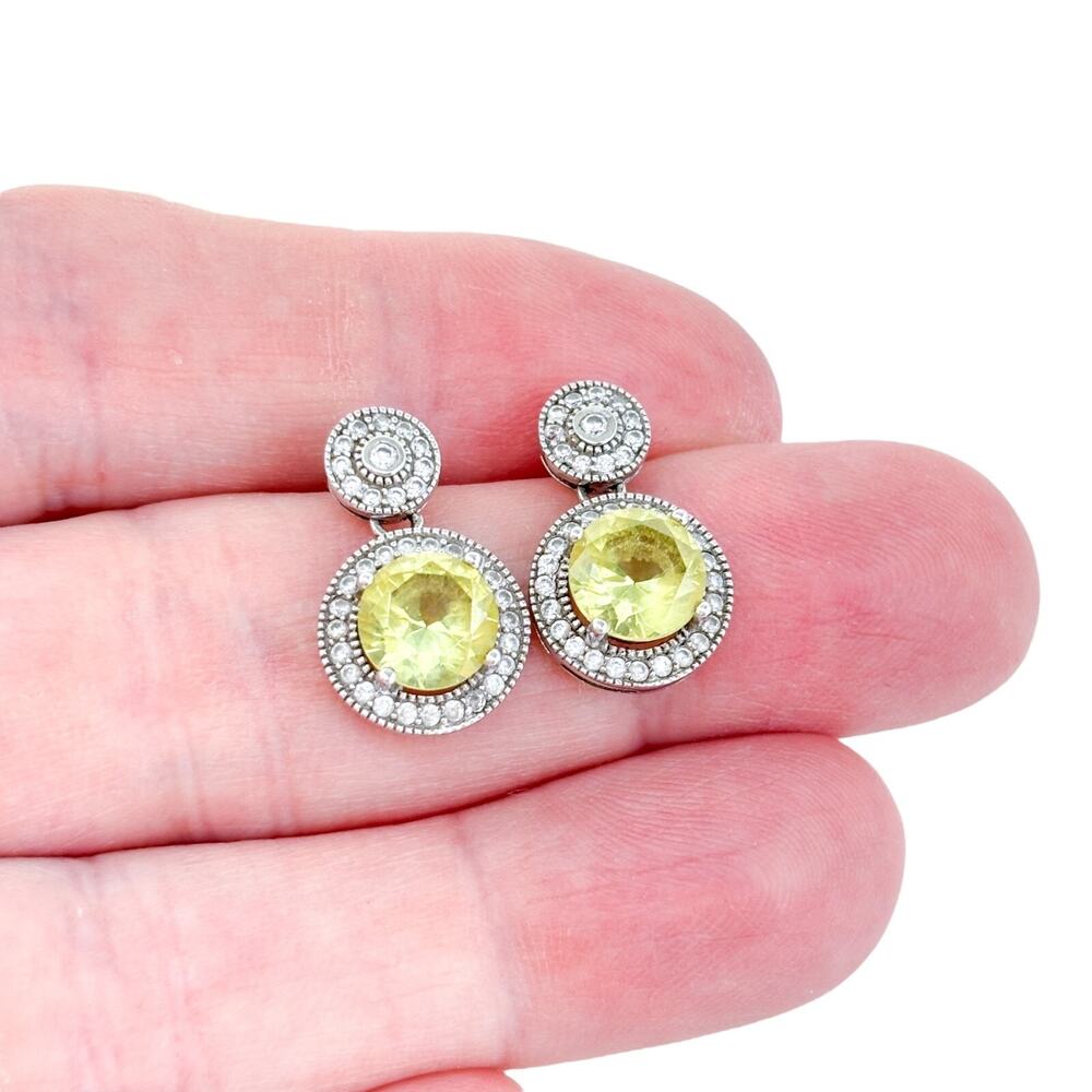 Estate Sterling Silver Citrine Cubic Zirconia Diamond Accent Dangle Earrings